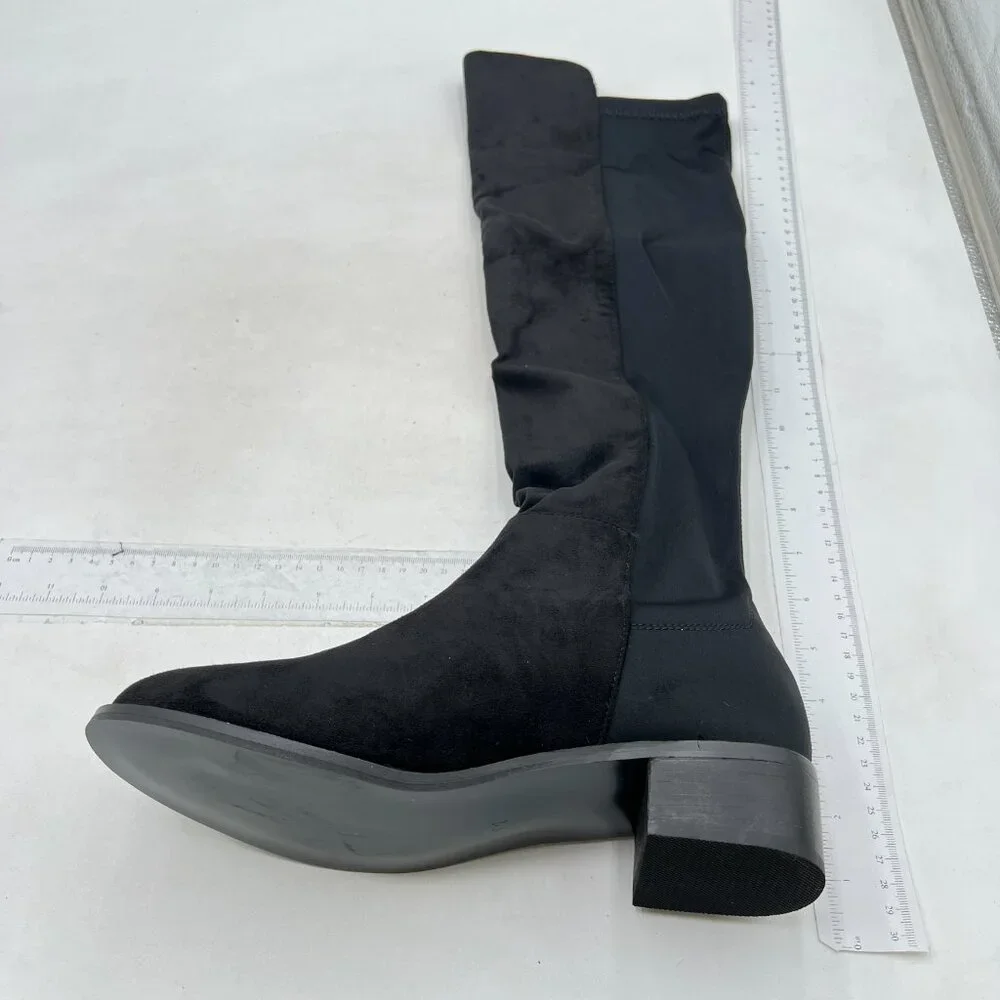 Black Women's Pull On Over The Knee Boot Round Toe Suede Knee High Low Heel Shoe